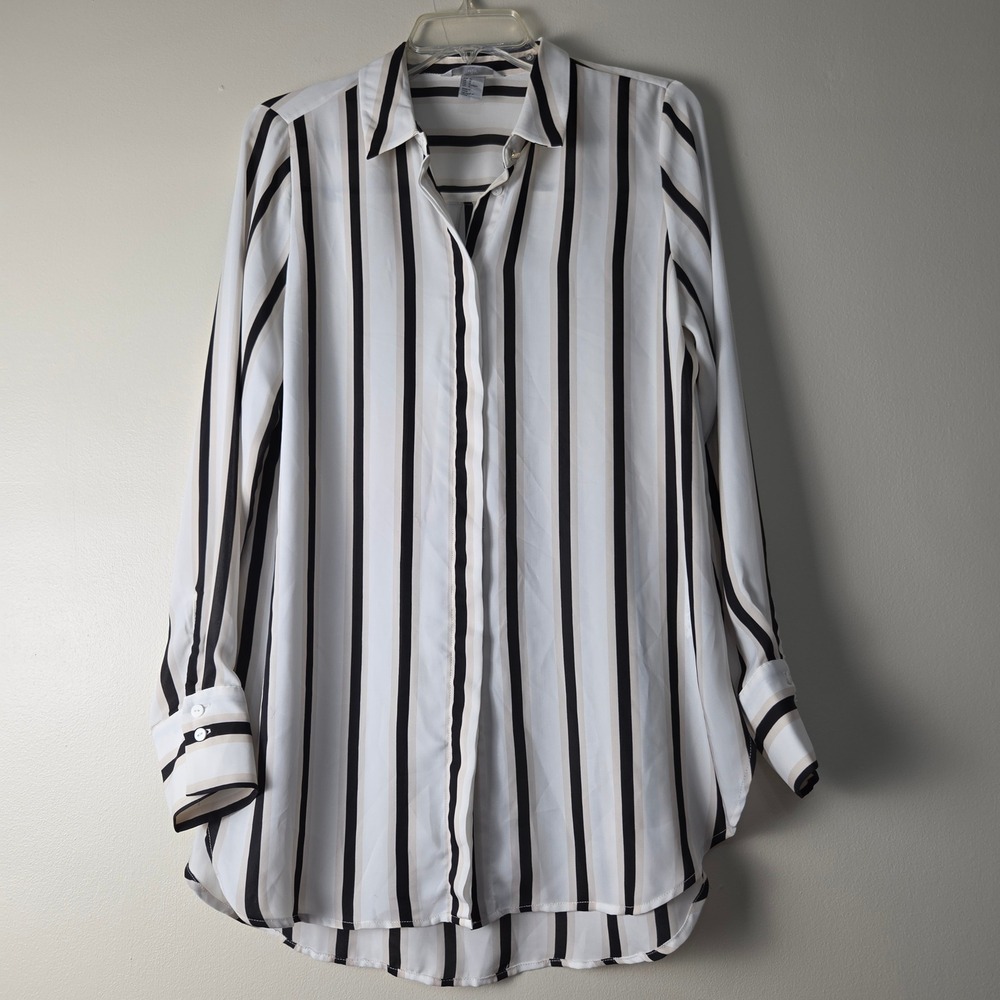 H&M Women 12 White Black Tan Striped Longline Tunic Blouse Hidden Button Down